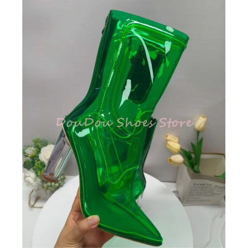 Transparent PVC Led Light Up Block Heel Boots Women Pink Pointed Toe Back Zipper Modern Boots Fashion Party Nightclub Lady Shoes