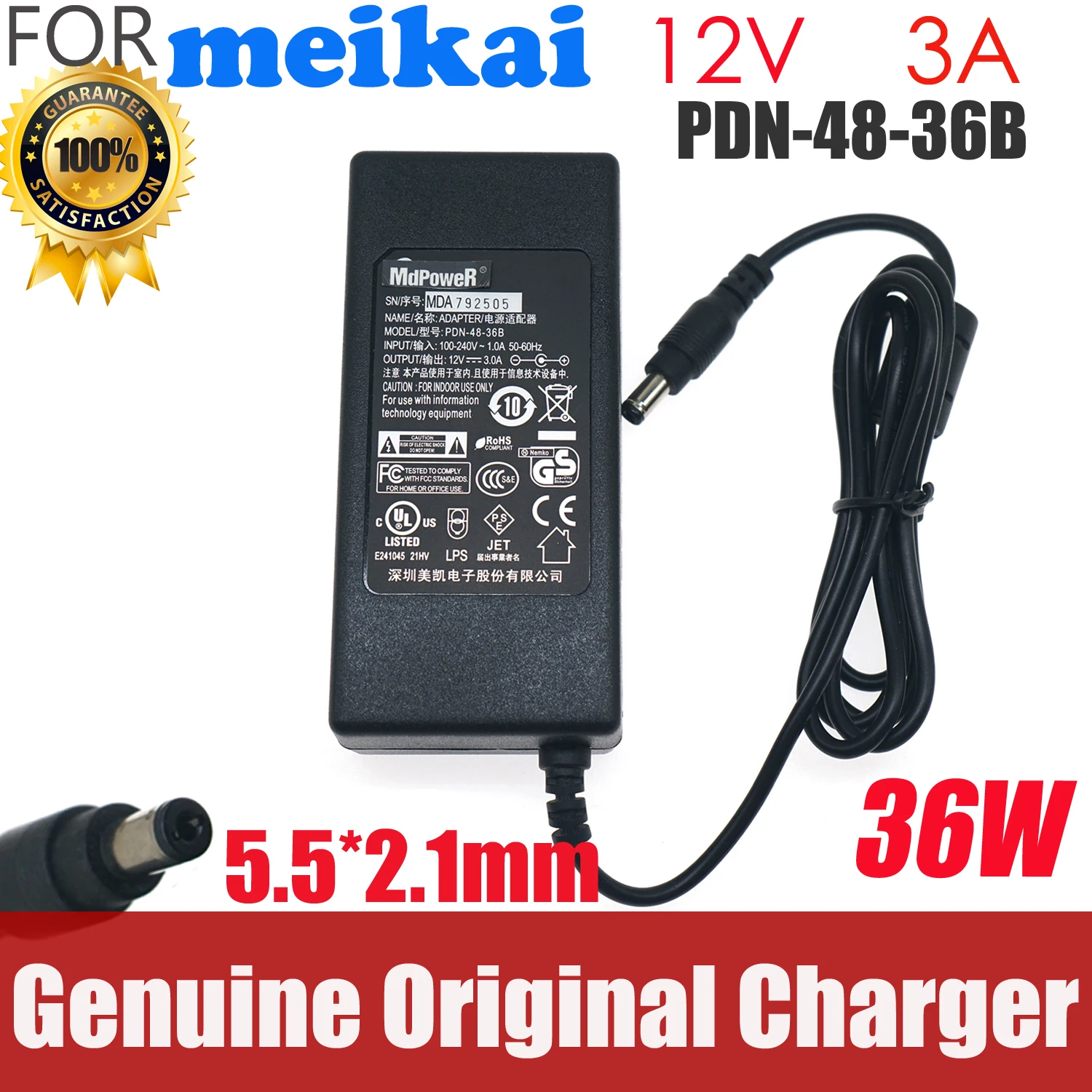 

Genuine Meikai PDN-48-36B 12V 3A 36W 5.5*2.1mm 5.5*2.5mm AC Adapter Charger Power Supply