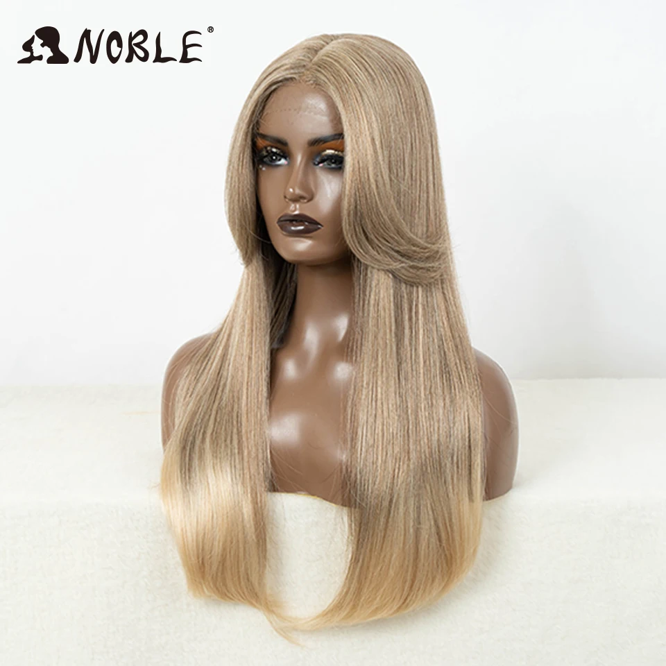 Noble Cosplay Synthetic Lace Front Wigs For Women Ombre Brown With Bangs 24 Inch Straight Lace Wig Highlight Glueless Lace Wig