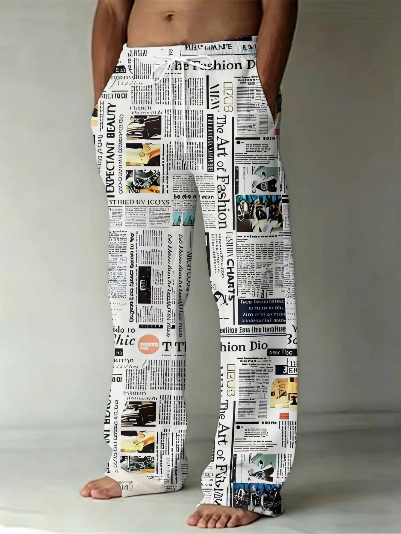 Men Straight Pants Elastic Waist Vintage Newspaper Collage Print Autumn Winter Casual Trousers Men's Clothing