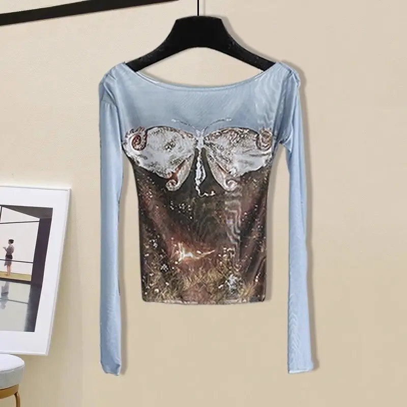 

Sky Blue Gradient Butterfly High Street Net Yarn One Shoulder Long Sleeved Women Summer Slim Fashion Printing Casual T-shirt