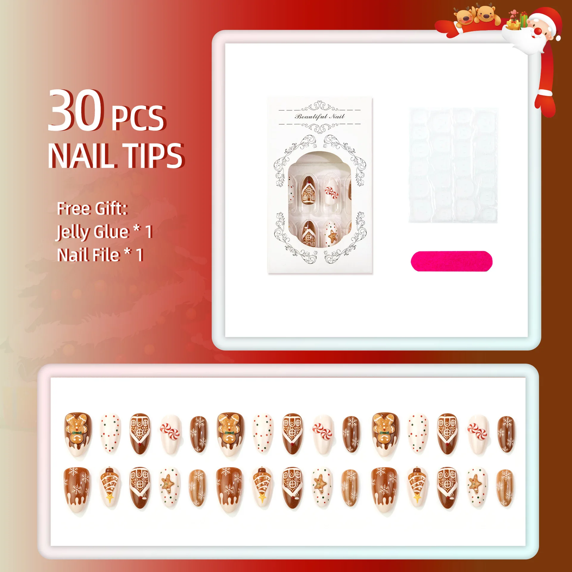 Christmas Trendy Almond Shaped Nail Tips with Beautiful Christmas Tree And Snowflake Design French Style Wearable False Nails 4