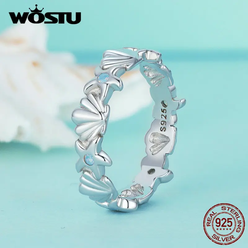 WOSTU Original 925 Sterling Silver Starfish Shell Row Ring with Nanometer stone opal for Women Jewelry Party Wedding Date Gift