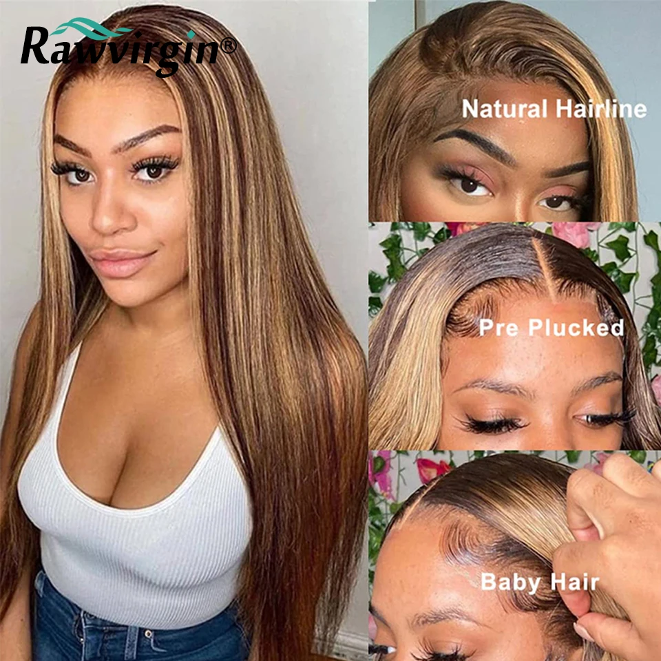 4/27 Straight Highlight 360 Lace Frontal Wig Honey Blonde Ombre 13x4 13X6 Lace Front Human Hair Wigs For Women Peruvian Hair 180