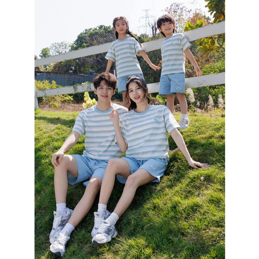 2026 Summer Family Matching Outfits Striped Cotton T-Shirt & Quick Dry Shorts Set Casual Outdoor Family Wear for Mom Dad Kids