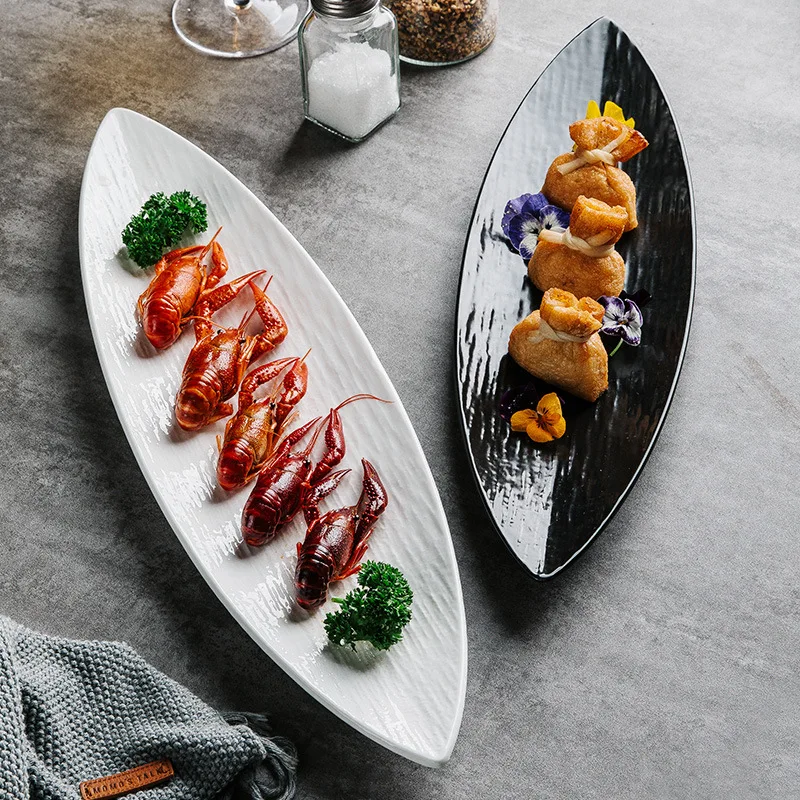 Long Japanese Leaf Plate, Sashimi Snack Sushi Plate, Commercial Ceramic Long Platter, Restaurant and Hotel Cooking Cutlery