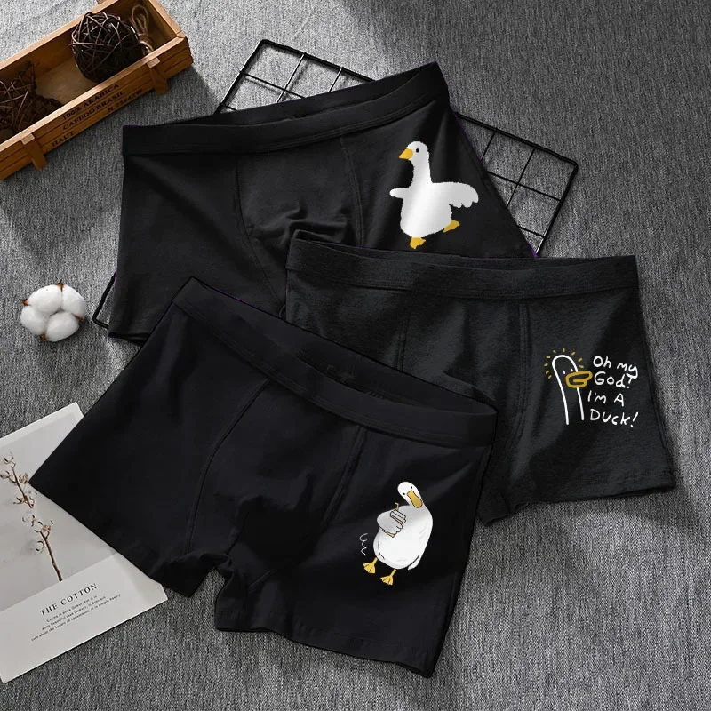 Youth Fashionable Trunk for Men Black Cotton Breathable Cartoon Duck Cute Boxer Shorts Teenager Comfy Bulge Pouch Sports Panties