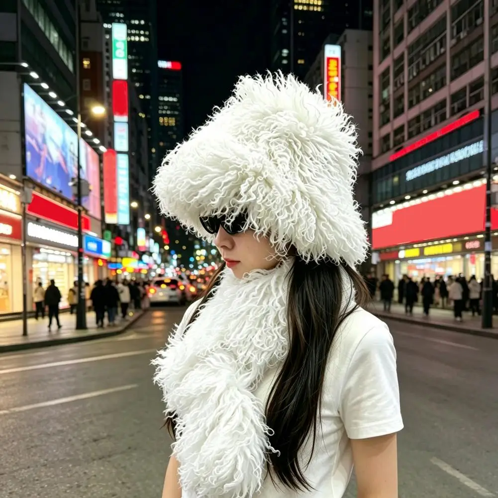 Women Curly Plush Hat, Fuzzy Winter Bucket Hat Scarf Set, Soft Fluffy Warm Mongolian Hat for Girls Cold Weather Headwear
