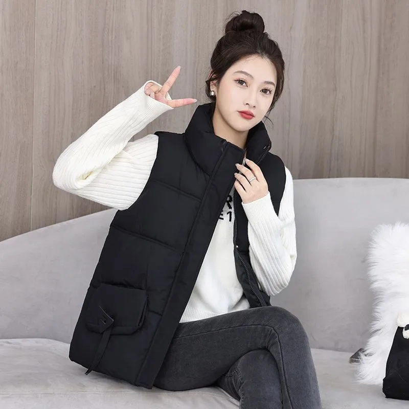 Joker Women's Warm Cotton Padded Coat Vest Collar Jacket 2025 Winter Female Down Cotton Majia Coat Sleeveless Short Overcoat