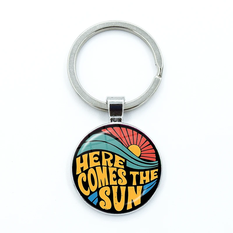 Here Comes the Sun Cartoon Keychain Funny Glass Cabochon KeyRing Bag Car Key Chain Ring Holder Charms Teacher Jewelry Gifts