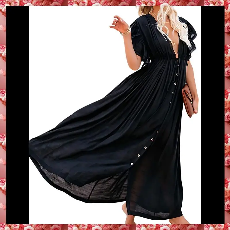 فستان شاطئ صيفي كاجوال للنساء، فستان طويل مكشكش بأزرار سفلية، فستان بوهو طويل