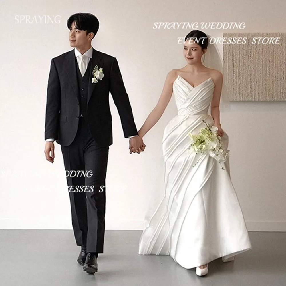

SPRAYING Elegant Satin Wedding Dress Korea Photo Shoot Ivory V Neck Sleeveless Long Bridal Gowns Corset 웨딩드레스 Customized 2025
