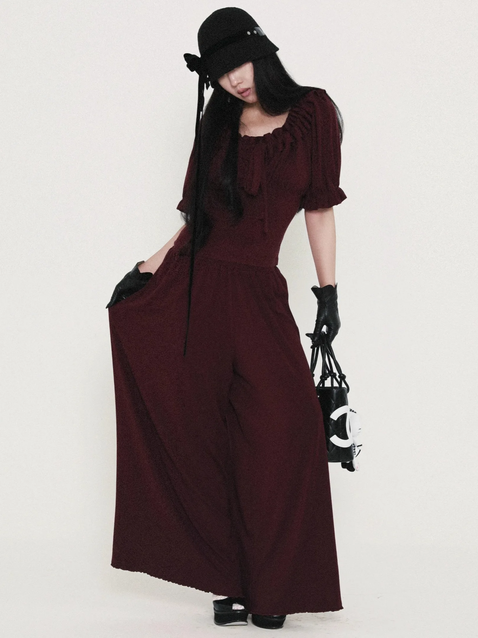 

Princ Sve плиссированный топ, широкие брюки, вязаный комплект, ранняя осень, повседневная модная женская одежда, хлопковая эластичная высокая талия