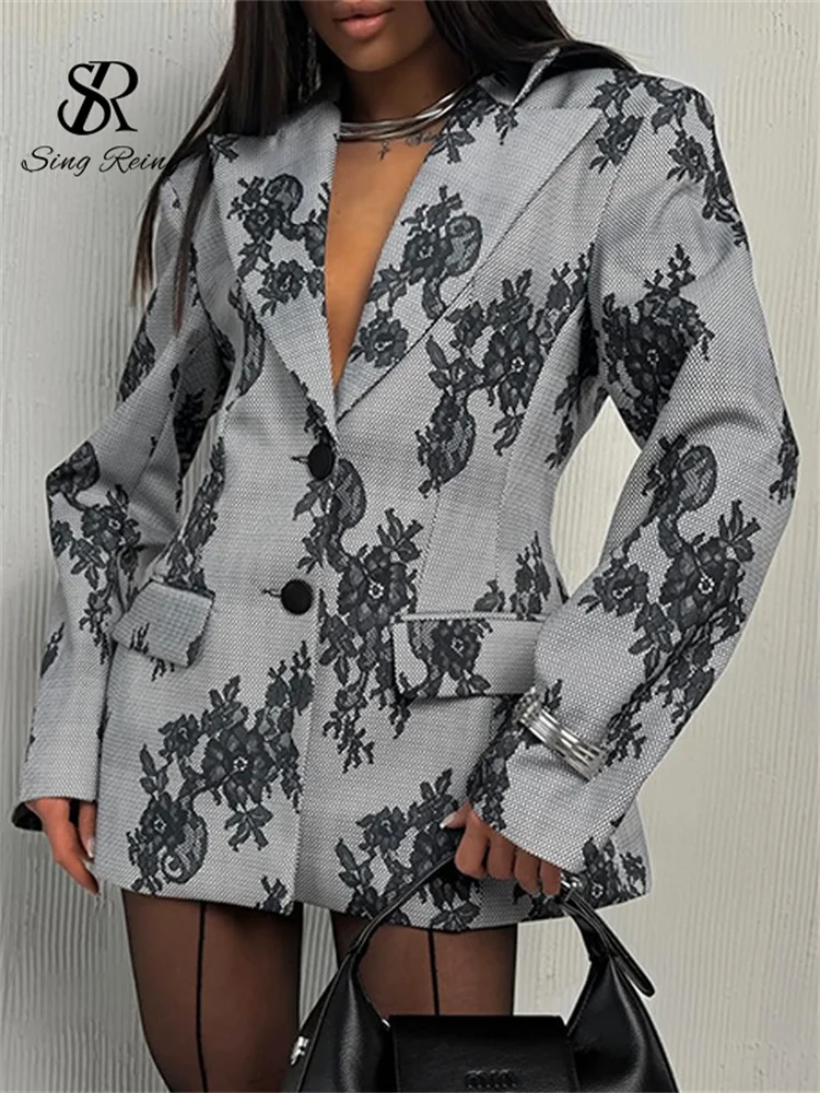 Floral Lace Blazer Autumn Newest High Quality V Neck Full Sleeves Oversize Coat American Fashion Senior Ladies Outwear