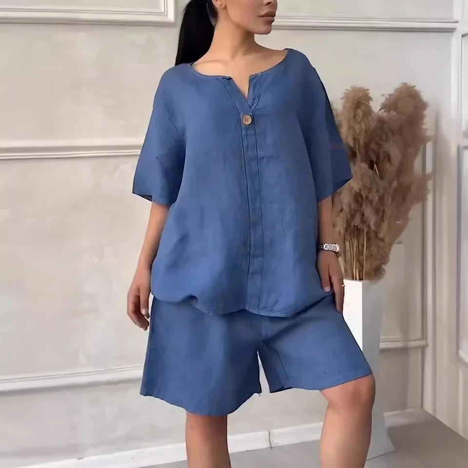 Ropa de Mujer Moda 2026 Conjuntos Primavera Verano Blusa de Manga Cinco Cuartos con Botones Talla Grande y Pantalones Cortos de Cintura Alta, Conjunto de 2 Piezas