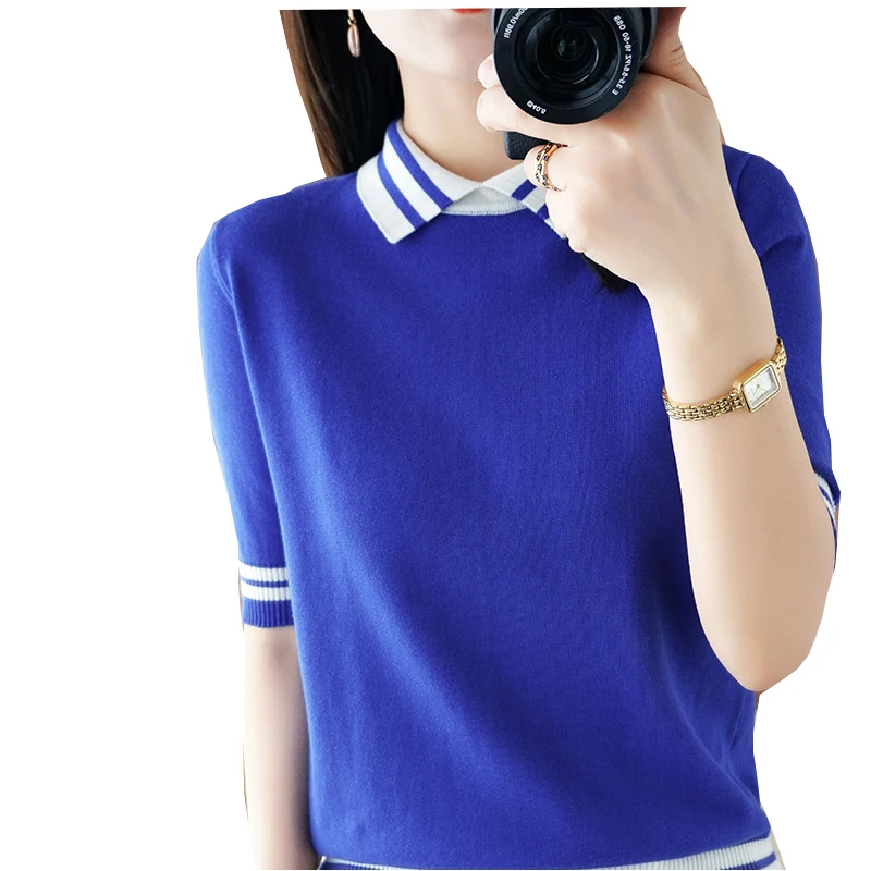 Summer New Half-sleeved Women Polo Collar Sweater Slim 100% Cotton Color Contrast Pullover T-shirt Knitted Base Casual Sweater