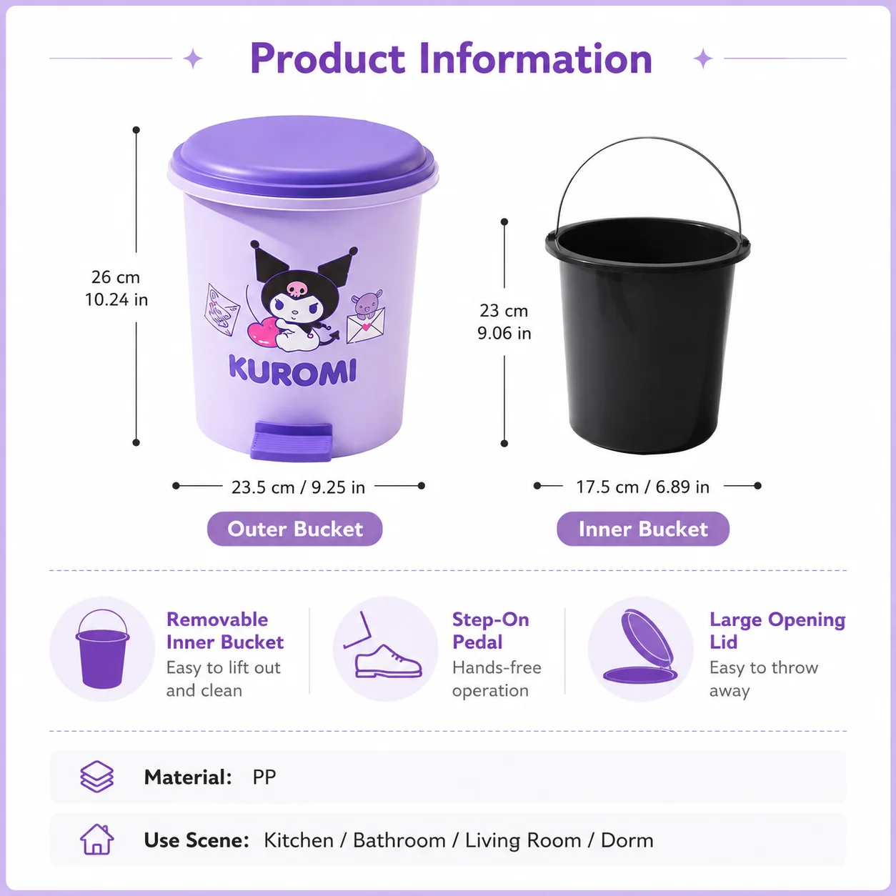 Sanrio My Melody Pedal Trash Can With Inner Bucket Cute Cartoon Portable Handle Waste Bin Household Kitchen Bathroom view 6