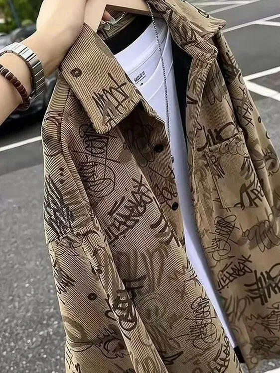 Retro American Graffiti Print Long Sleeve Collared Men's Shirt Autumn Trendy Korean Casual Corduroy Top Coat Youth Popular Po...