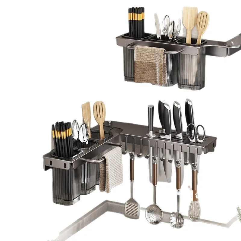 Kitchen rotating knife holder corner household chopstick holder wall mounted multifunctional hanging rod