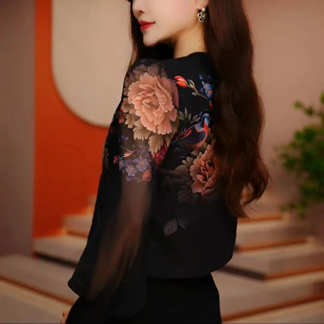 High End Temperament Ethnic Style Small Shirt for Women Fashionable Peony Flower Age Reducing Loose Chiffon Top for Women