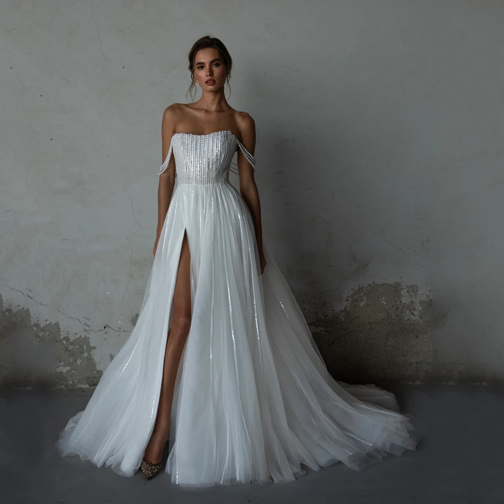 

Beaded Wedding Dresses Strapless Off Shoulder A-Line Backless Split Beach Bride Prom Gown 2025 Elegant Bridal Gowns Customized