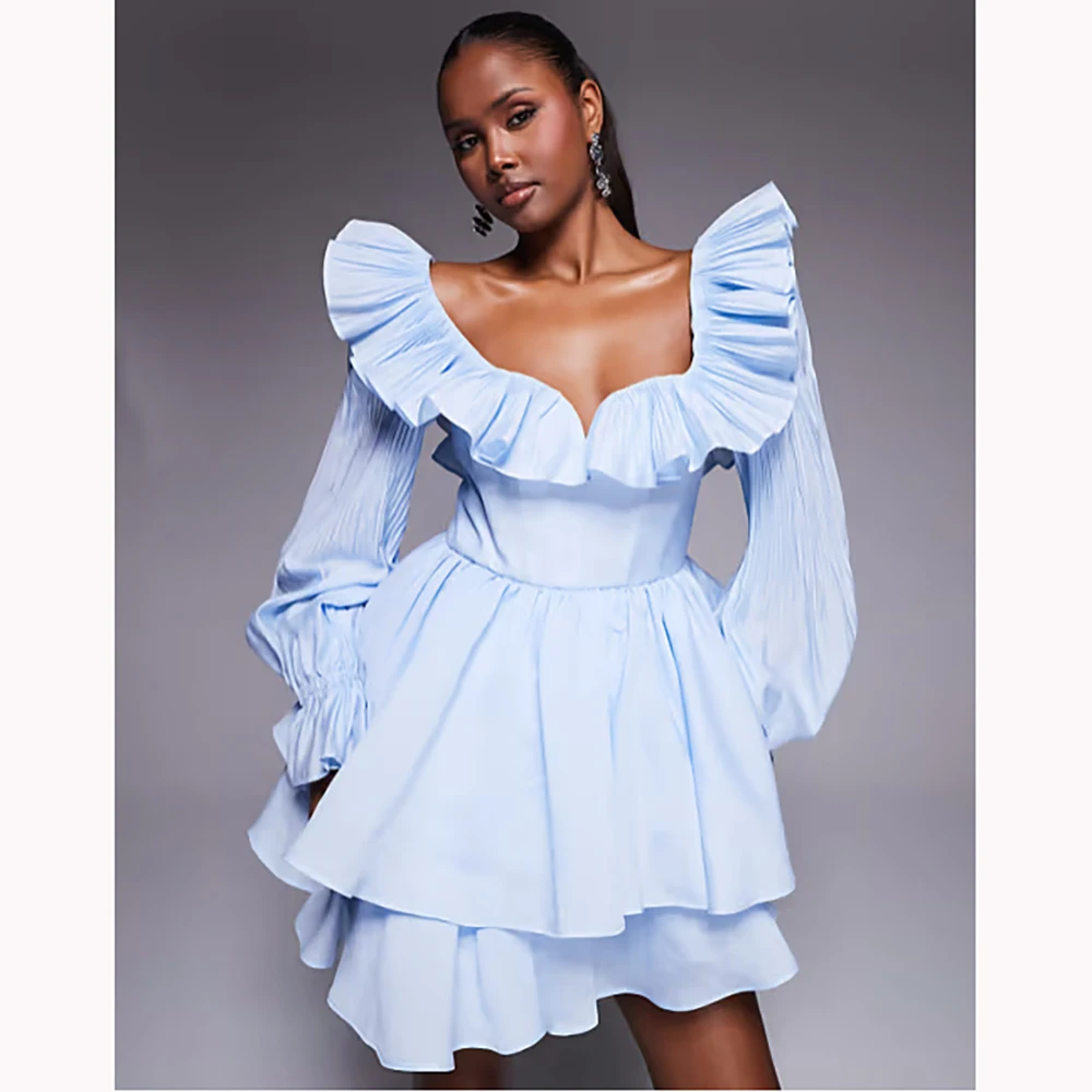 

Customized Women Dresses Sky Blue Long Sleeve Sweetheart Neck Gowns Playful Cute Backless Mini Evening Party Dresses