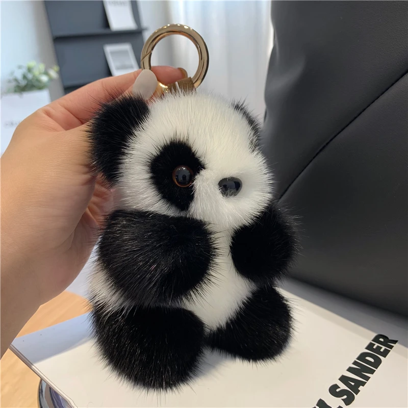 Mink Fur Small Panda Keychain for Women Bag Ornaments Car Hangings Keychain Fashion Gift
