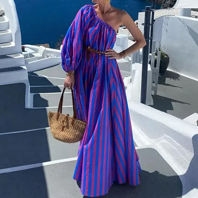 Abito da festa da donna a righe Vintage 2024 abito lungo a vita alta con maniche a una spalla moda Casual abito Boho pieghettato con spalle scoperte