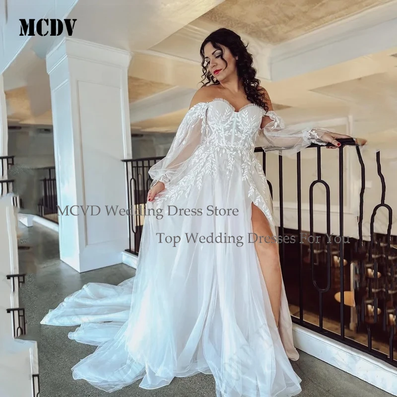 

MCDV Large Size A Line Wedding Dresses Side Split Applique Sweetheart Tulle Bridal Gowns Boda Novias