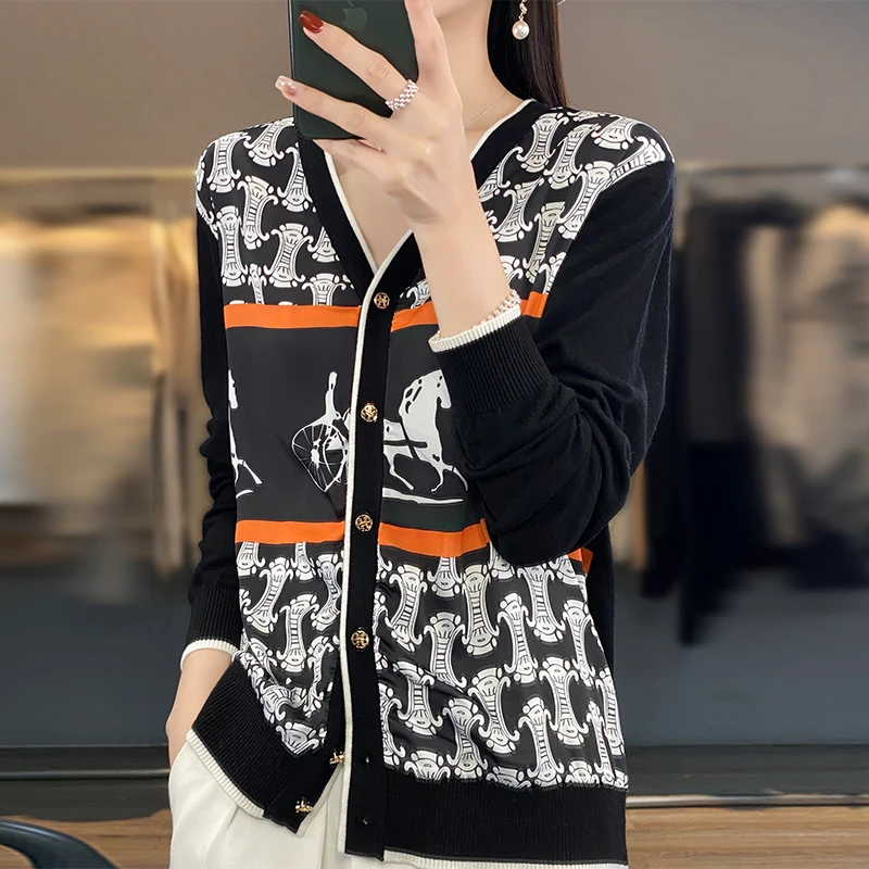 Spring And Summer New Silk Print Cardigan Ladies Worsted Wool Thin Coat V-Neck Loose Knit Sweater Long Sleeve Coat