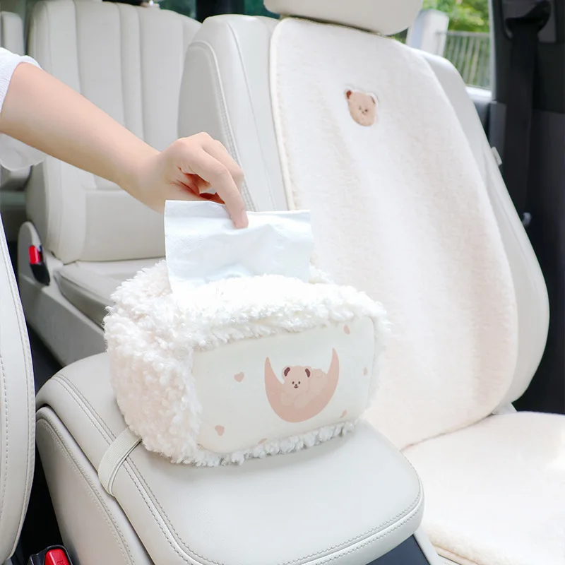 

Car Paper Drawer and Car Armrest Box Fixed Storage Box Creative Cute Cartoon Plush Multifunctional Car Tissue Box Accessories