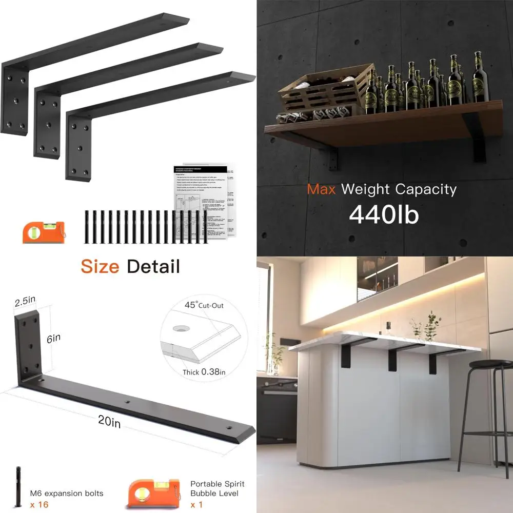 دعامات دعم على سطح الطاولة مكونة من 3 قطع شديدة التحمل للأرفف، تركيب أمامي قياسي سميك 3/8، على شكل حرف L