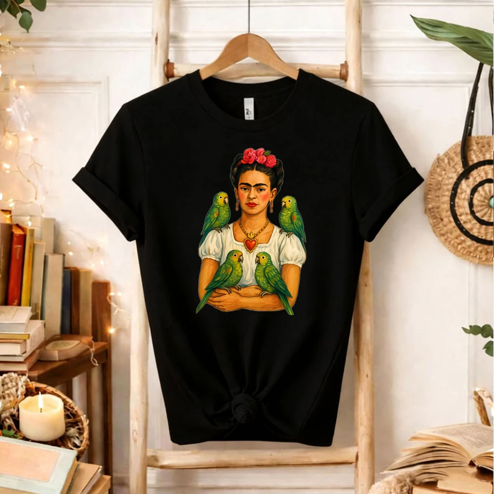 Camiseta de México Latina Mexicana con Gráficos Florales de Artista Frida Kahlo con Loros Verdes, Regalos para Mujer, Ícono Cultural del Arte