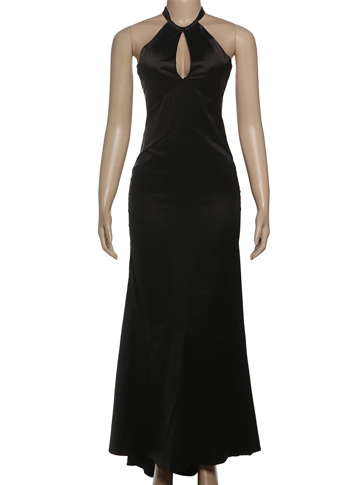 Weird Puss Sexy Halter Backless Dress Women Satin Lace-Up Chest Hollow Zip Peach Hip Elegant Evening Prom Party Skinny Bodycon