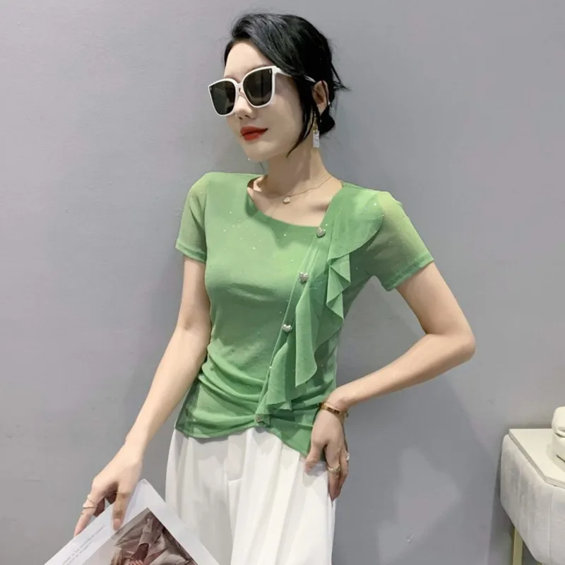 #5116 Black Green Mesh T Shirt Skew Collar Ruffles Short T Shirt Female Short Sleeves Buttons Thin Basic T-shirt Streetwear Tee