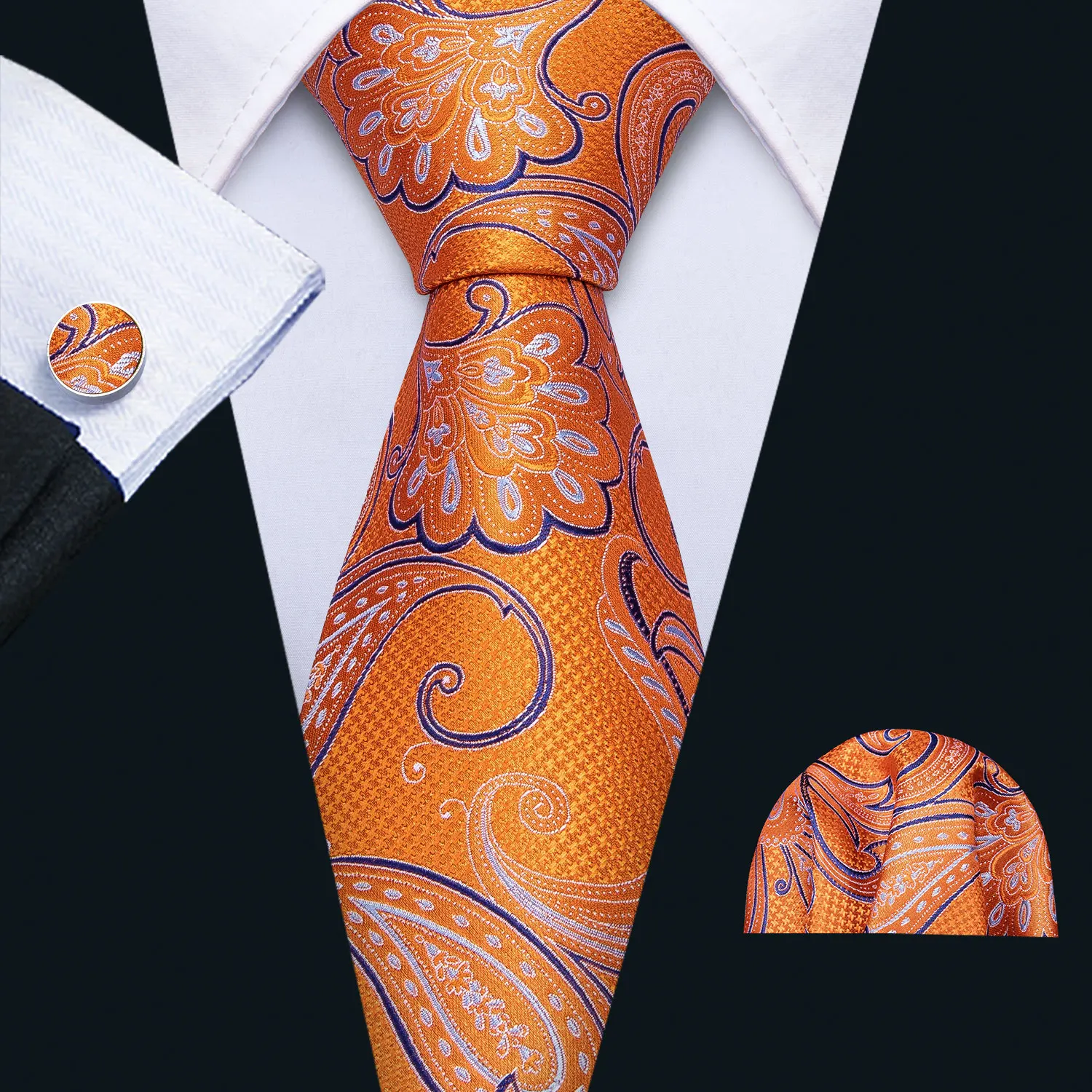 Barry.Wang Silk Mens Tie With Box Necktie Hankerchief Cufflinks Set Jacquard Orange Navy Royal Blue Burgundy Formal Casual Gift