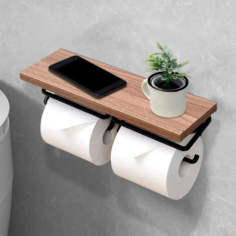 Bathroom Toilet Paper Holder Wall Mount Toilet Tissue Roll Holder with Phone Shelf Matte Black Paper Dispenser for Bathroom