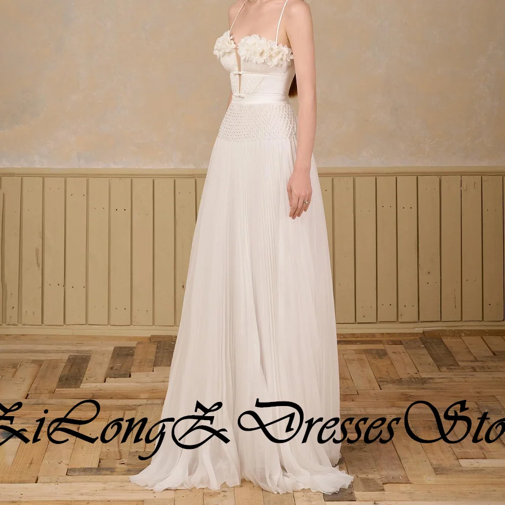 تخصيص رائعة اللؤلؤ والكريستال الأبيض الشيفون 3D الزهور فساتين السهرة مثير السباغيتي الأشرطة ساحة طوق P