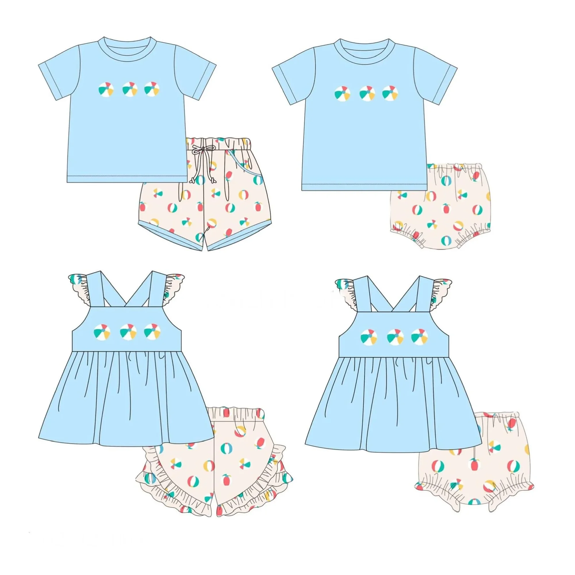Toddler Kids Beach Ball Outfit Blue Tee Dress Bloomers Cute Summer Baby Girl Boy Vacation Clothes Set - view 6