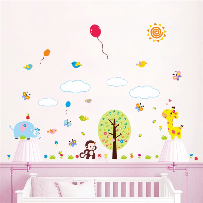 Naughty Monkey Giraffe Elephant Animal Wall Sticker For Kids Bedroom Home Decoration Diy Cartoon Mural Art Pvc Decals Poster