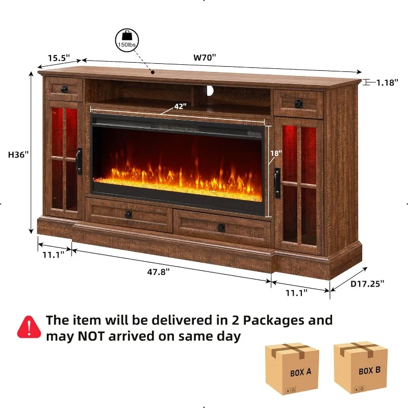 Fireplace TV Stand for 80 Inch Modern Media Console Table with Storage Drawers & Cabinets for Living Room, Reclaimed Barnwood