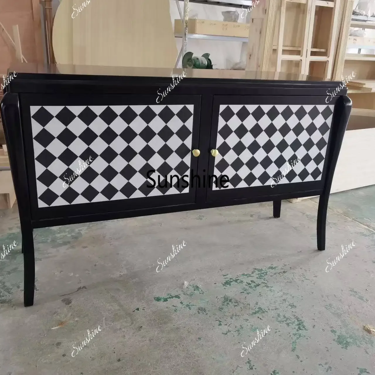 Medieval solid wood dining side table double door black and white grid locker corridor entrance cabinetTJ