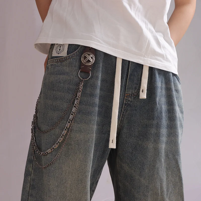 Leather Patch Multi‑Layer Metal Pants Chain Unisex Vintage Waist Chain Punk Rock Jeans Hanging Street Fashion Keychain