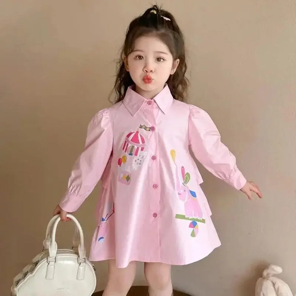 

Girls' Spring Shirt Dress New Children's Korean Style Fashionable Cartoon Long Sleeve Dress 90-140CM