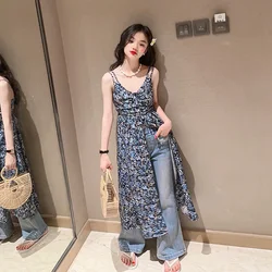 Ragazze vestito fionda moda floreale bambino bambini Streetwear estate 2024 adolescenti bambini abiti da spiaggia costumi Sexy blu da 5 a 13 anni