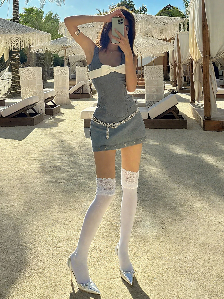 Weird Puss American Sle Spicy Girl ey  Knot Waist Crop Top Women Faionable Skirt Set Summer Casual Slim Fit