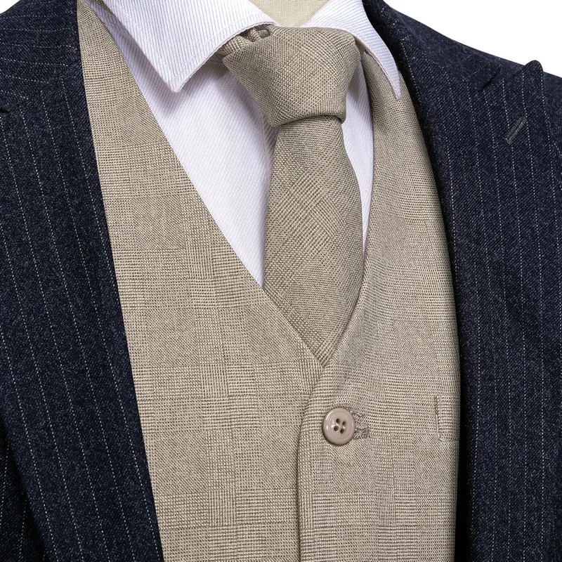 Silk Mens Vest Khaki Solid Pink Blue Black Brown Plaid V-Neck Waistcoat Tie Hanky Cufflinks Set Wedding Business Barry.Wang