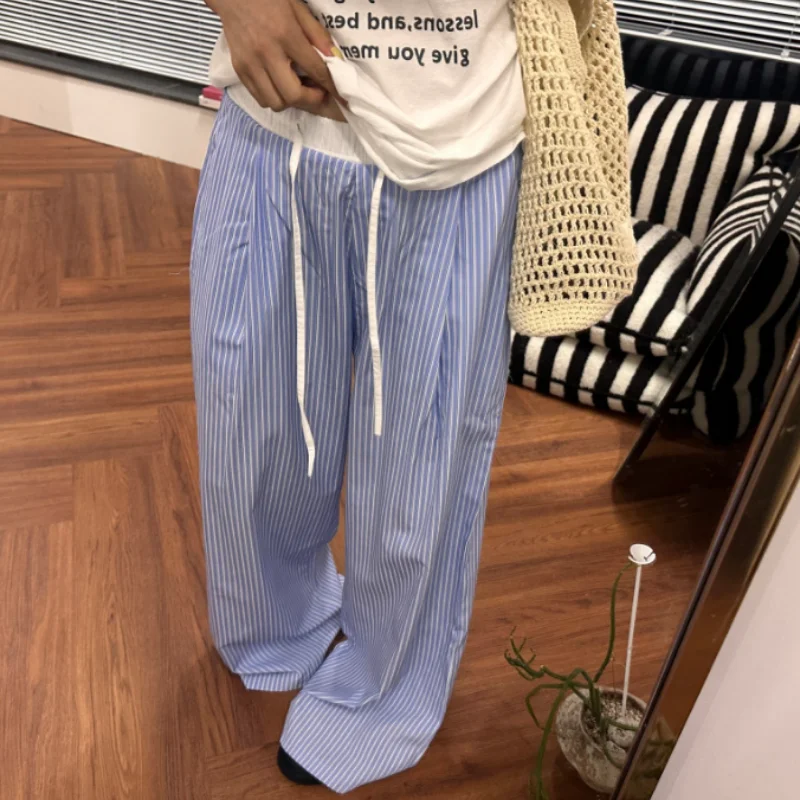

2026 Summer Chic Korean Style Drawstring Elastic Waist Thin Stripe Wide Leg Casual Pants Casual Loose Fit Trousers