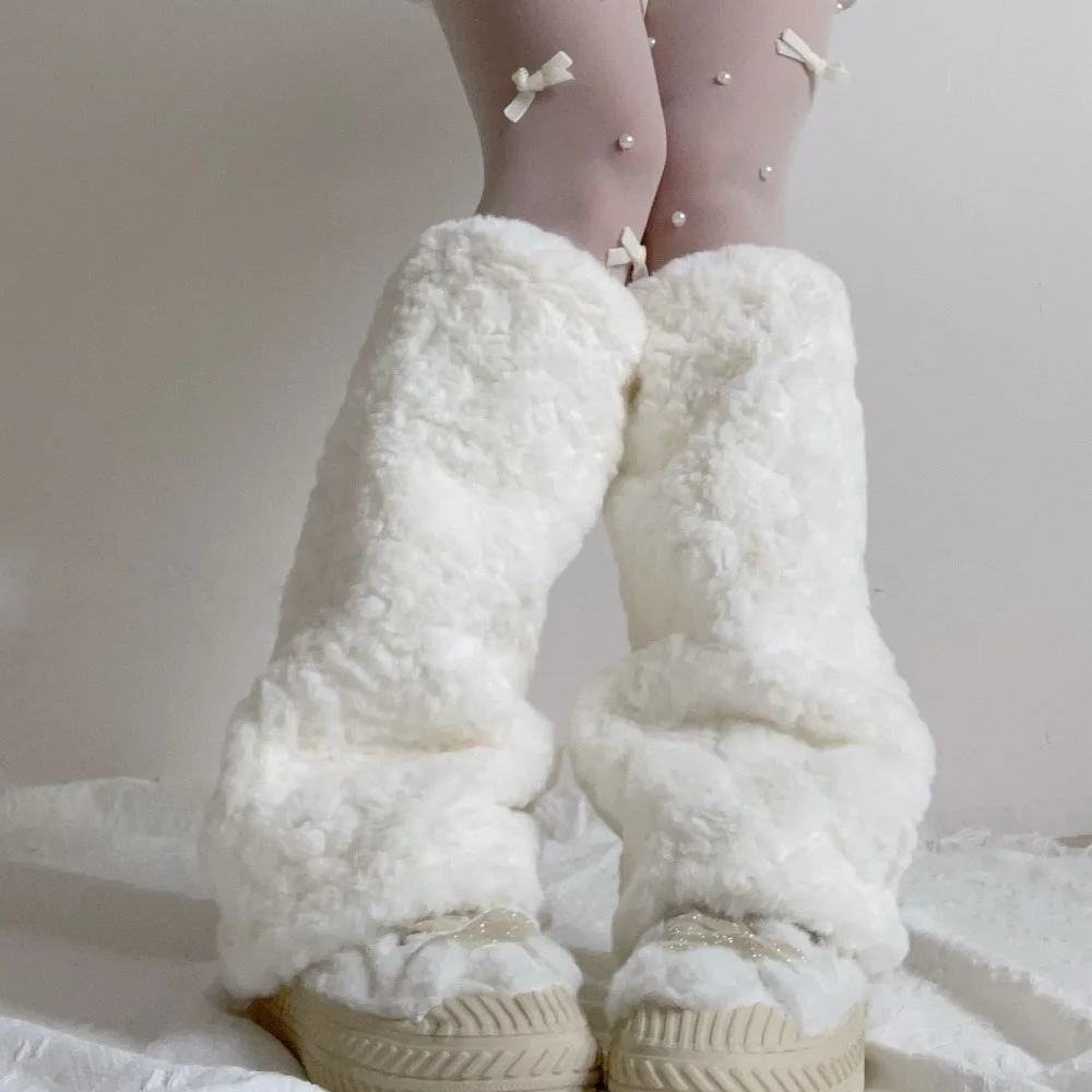 Y2K Furry Women Leg Warmers Tie-up Elegant Long Stockings Leg Protection Leg Socks Winter Pile Socks for Party Street