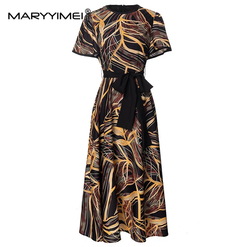 

MARYYIMEI New Fashion Runway Designer Women's Striped Gradient Print Round Neck Short Sleeve Detachable Lace-Up Vintage Dress